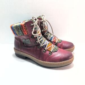 Rieker Felicitas Ankle Boots Red Sherpa Lined Side Zip Lace Up Women's 9